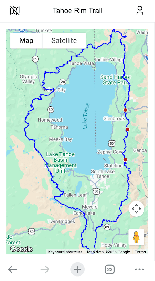 A mobile screenshot of the map view, showing Lake Tahoe, with a blue line around it denoting the Tahoe Rim Trail. Three read dots along an eastern stretch of trail are GPS check-ins from the trip.