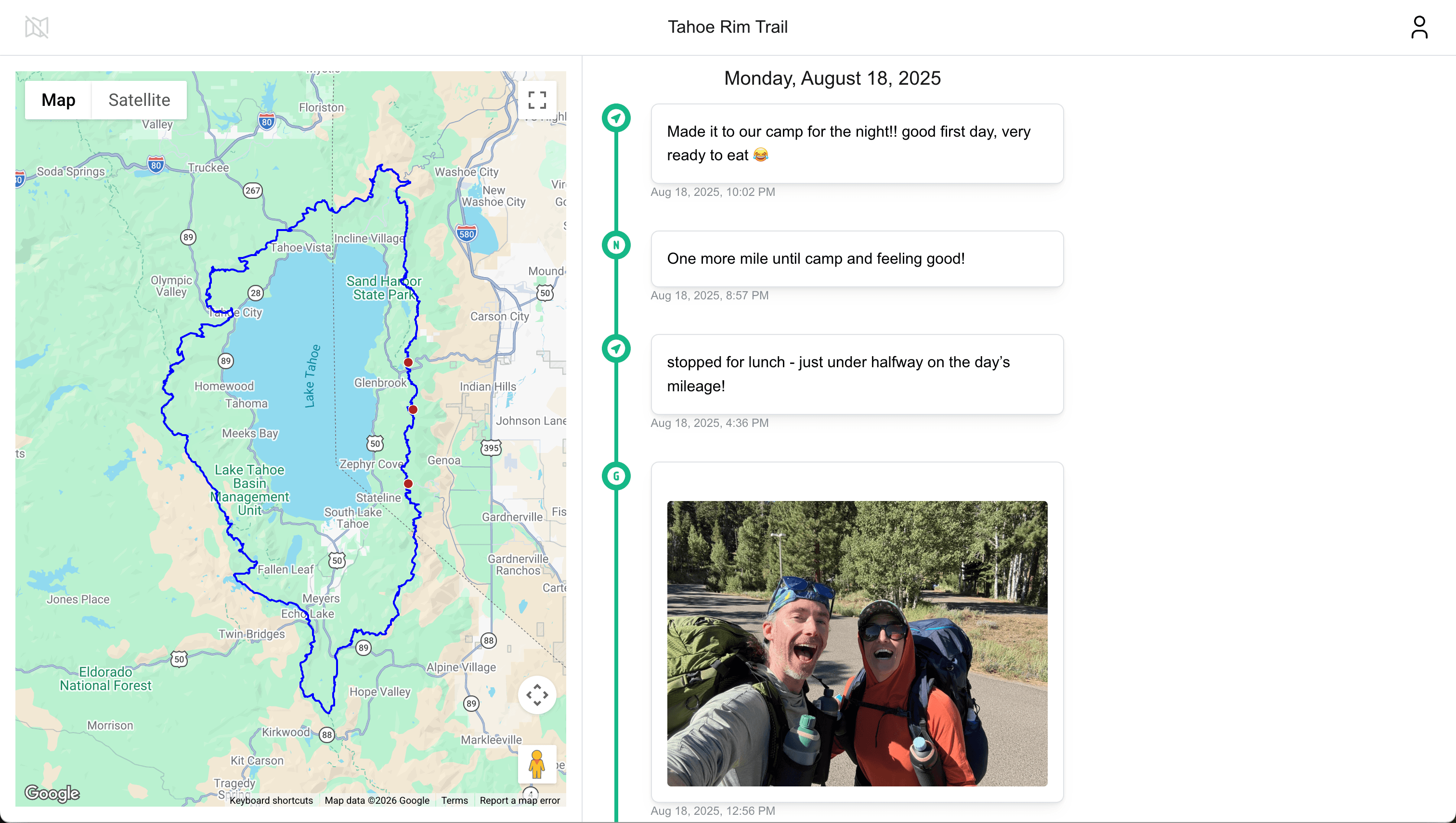 Screenshot from the website. The left side is a map of Lake Tahoe, with a blue line around it denoting the Tahoe Rim Trail. Three read dots along an eastern stretch of trail are GPS check-ins from the trip. The right side shows a timeline of updates, styled as text messages with timestamps, one of which containing a photo of Greg and Nicole with backpacks on at the beginning of the trail.