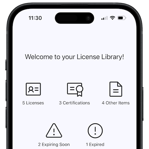 Screenshot of the License Library app on an iOS device
